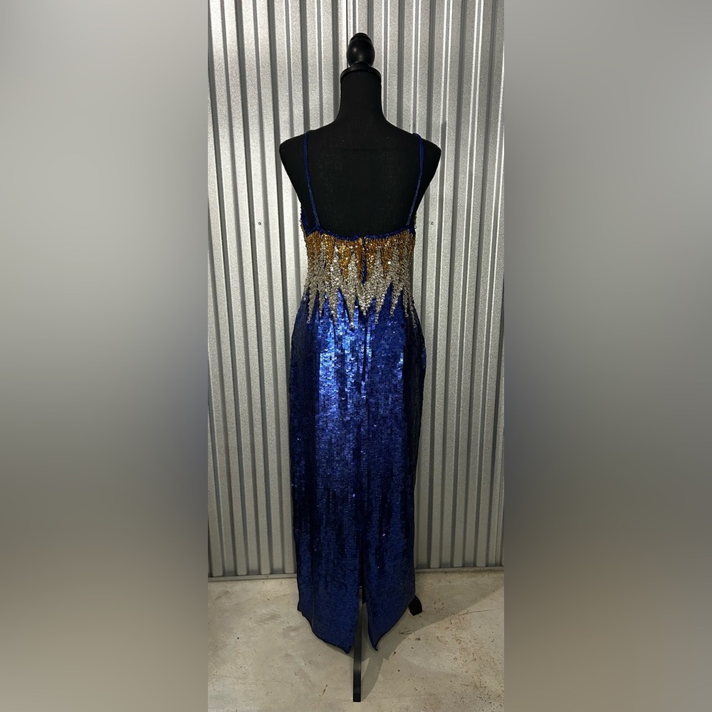 Womens Vintage TAJ Designer Sequin 70s Hand Crafted Blue Gold Strap Dress Medium - Picture 3 of 5